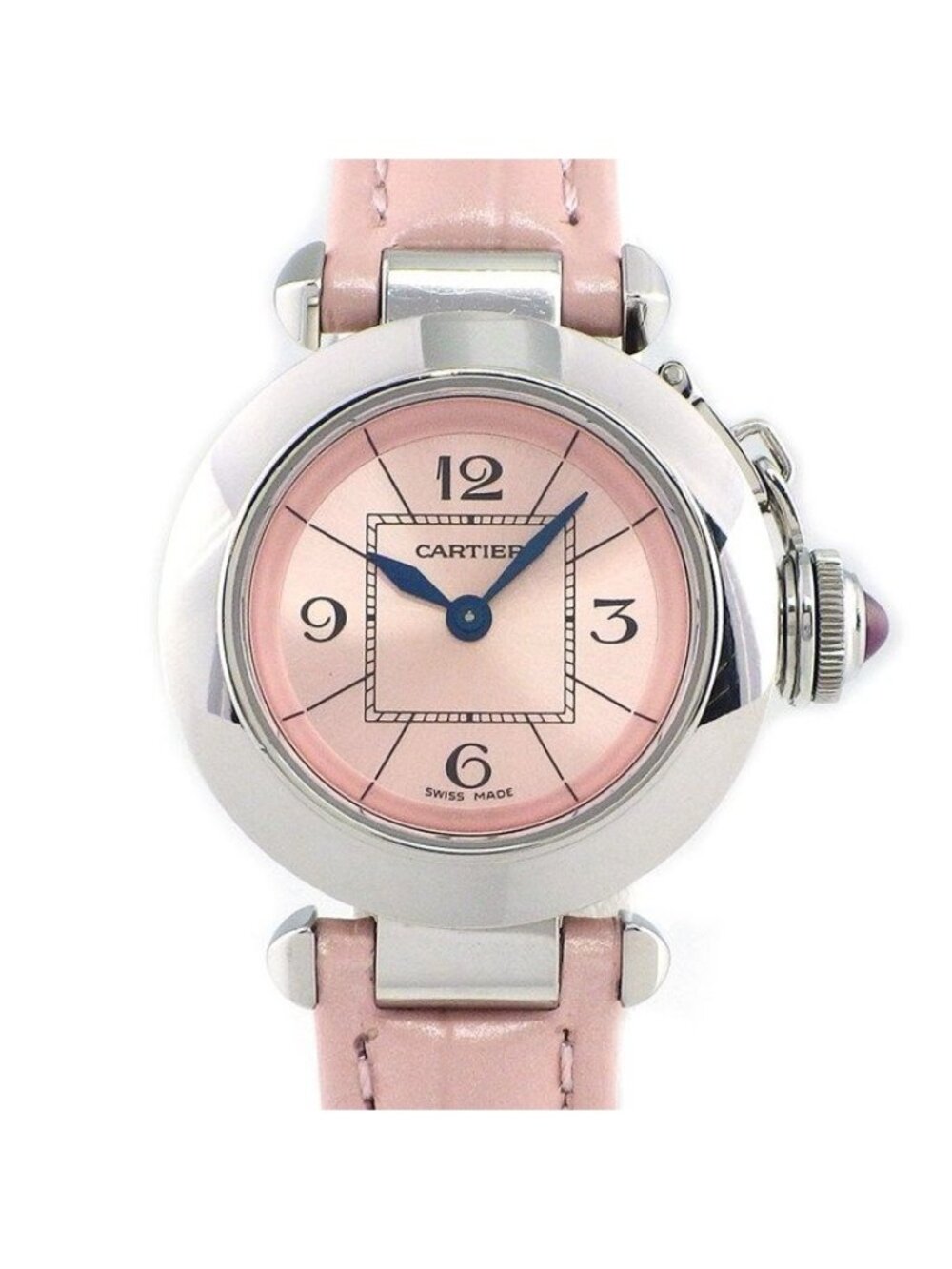 Cartier Watch Miss Pasha Sunray Pink Dial Leather Strap SS Quartz Analog